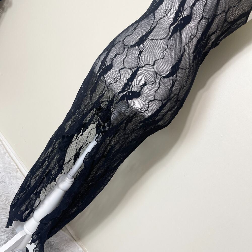 Leg Avenue Butterfly Lace Long‎ Gown 100% Nylon With Slit Black Stretch One Size - Picture 5 of 11